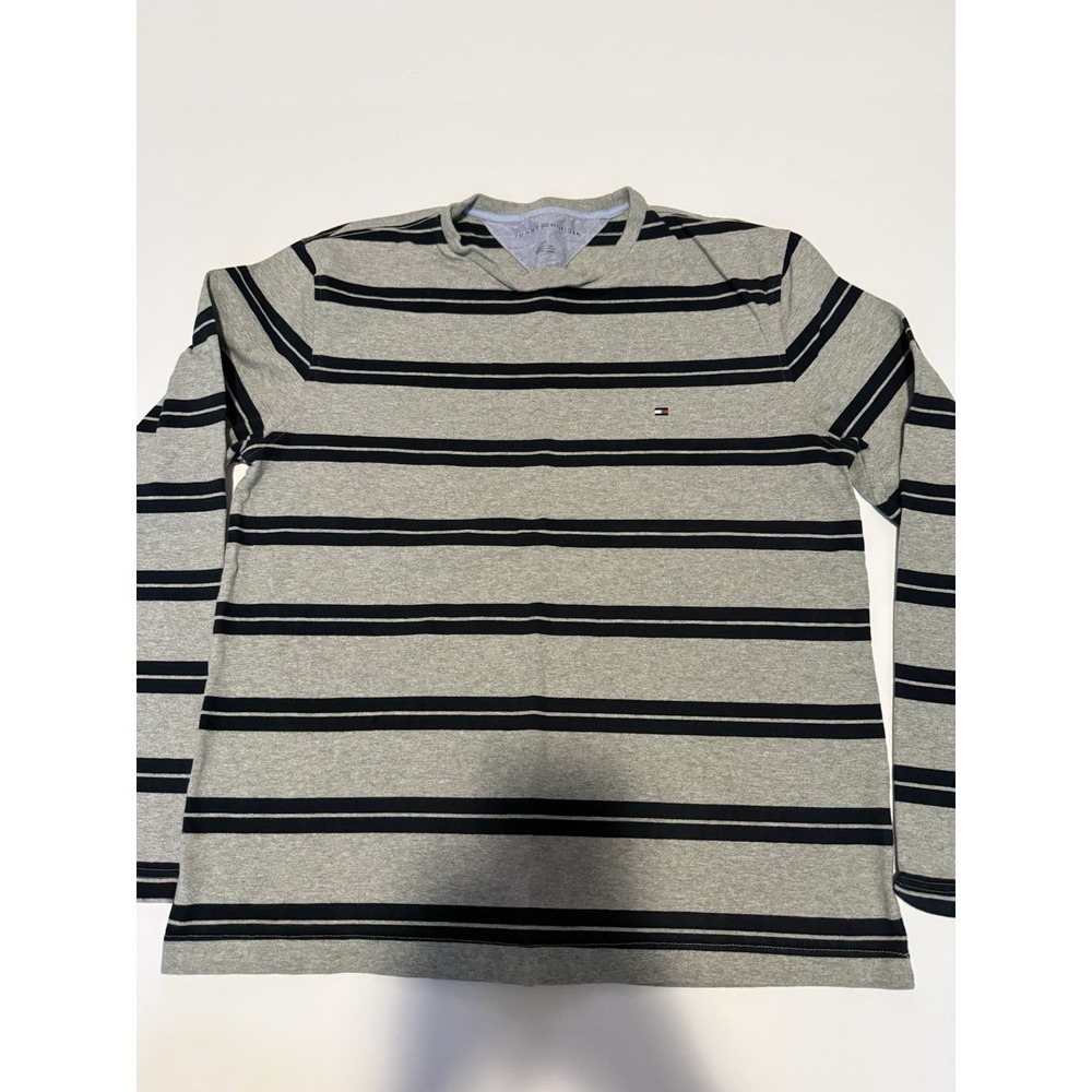 Tommy Hilfiger Men Large Sweater Gray Striped Crewneck Cotton Casual Preppy Top
